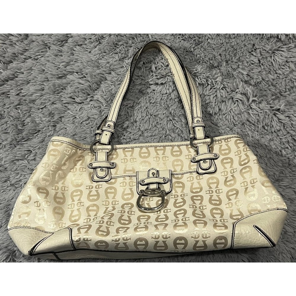 Etienne Aigner Off-White Logo Print Cotton Canvas Handbag with Faux Leather Trim